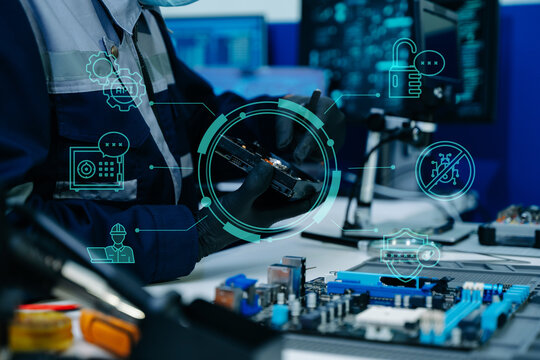 Engineer in black gloves holds a CPU processor with tweezers. Futuristic HUD overlays of AI, cloud computing, and gears highlight advanced hardware repair