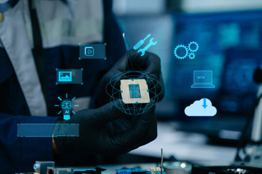Engineer in black gloves holds a CPU processor with tweezers. Futuristic HUD overlays of AI, cloud computing, and gears highlight advanced hardware repair
