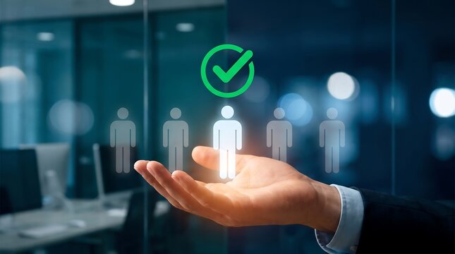 HR recruitment photo with open palm presenting candidate icons and checkmark symbol