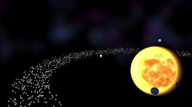 A creative space animation featuring a glowing sun surrounded by planetary bodies and a glittering asteroid belt in a deep cosmic void