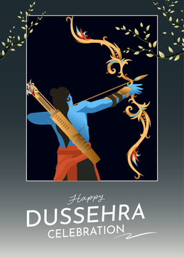 Dussehra Festival Celebration Poster Featuring Lord Rama with Bow and Arrow Surrounded by Ornamental Golden Details, Botanical Foliage and Dark Blue Background, Editable Vector Illustration