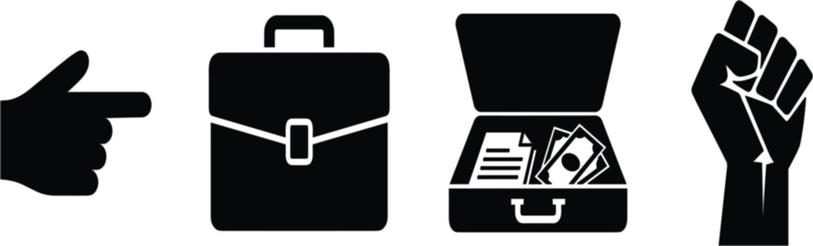 Business briefcase and raised fist vector icon quad with corporate and activism symbols