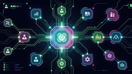 Obraz premium Futuristic digital interface with glowing interconnected nodes, data lines. Abstract tech network displays various icons for user profile, settings, statistics, system control. High tech dashboard
