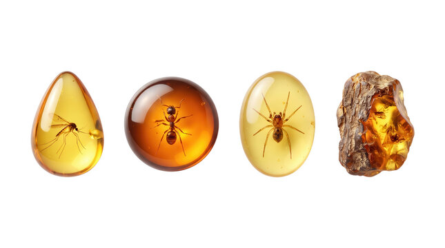 Four different pieces of natural amber featuring trapped insects and plant inclusions as transparent object