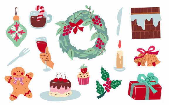 Hand Drawn Christmas Clipart Set, Flat Vector Holiday Elements, Festive Food, Wreath, Gingerbread, Wine Glass, Gift Box, Candle, Bell For Greeting Card Design, Sticker, Scrapbooking, isolated On White