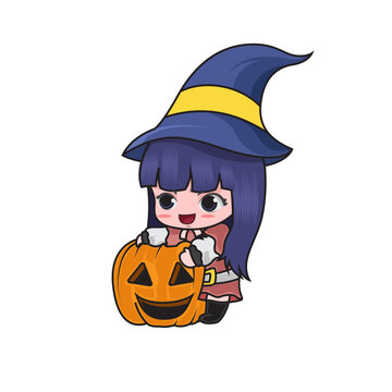 Chibi Witch Girl Hugging Pumpkin
