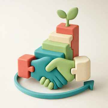 3d puzzle handshake with growth steps and plant shoot representing partnership and eco success 3d handshake