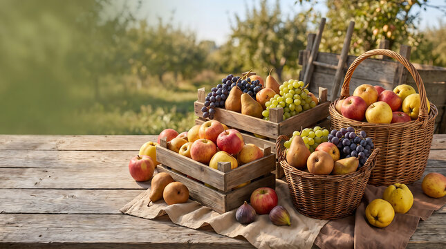 Harvested fresh fruits in wooden crates and wicker baskets on an orchard table