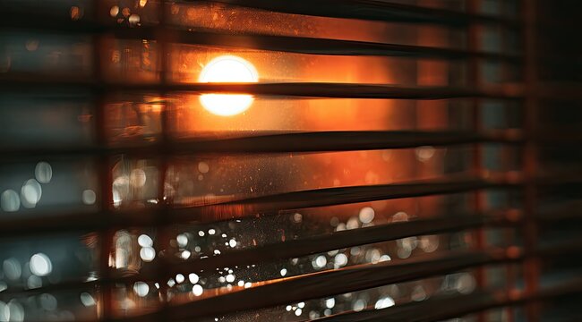 Sunlight streams through blinds, creating a warm, hazy glow with dust motes