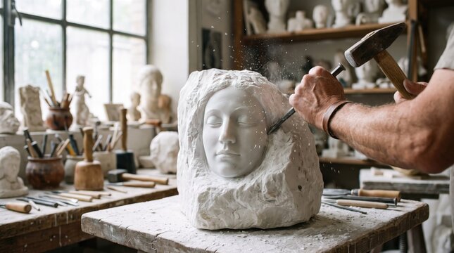 Sculptor hands carving female stone bust sculpture with traditional metal chisel and hammer in artistic studio