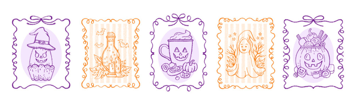 Halloween frame. Gothic stamp border with spooky ghost, autumn candy pumpkin. Happy Halloween with fall moon, gothic character. Vector frame border pattern. Decorative graphic for invitation, menu bg