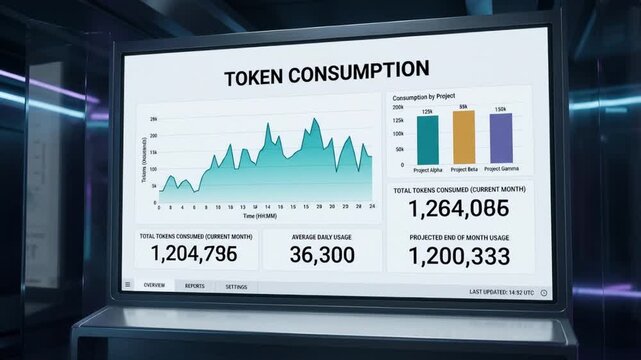 Token consumption dashboard tracks usage on bright monitor. Data tracking display shows line chart, project bars, and monthly totals, with numeric metrics updating in sleek futuristic control room.