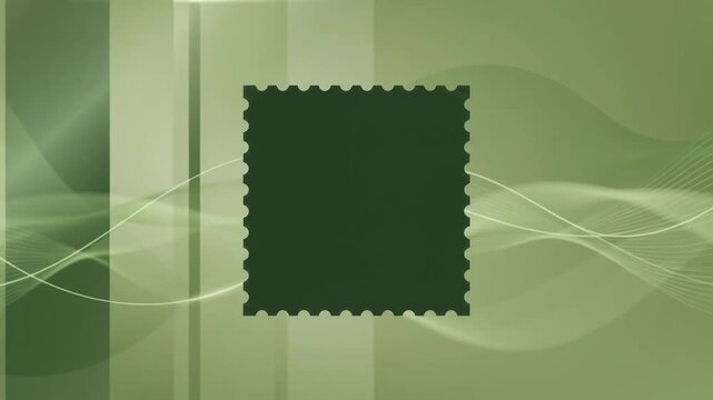 Blank postage stamp centered on a soft green and white abstract background