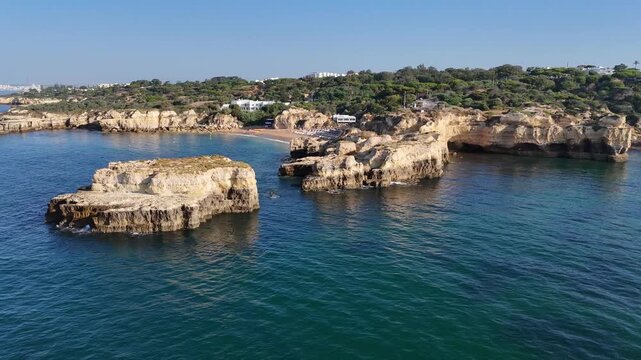 Low Drone Flight Along Albufeira Beaches and Cliffs, Algarve