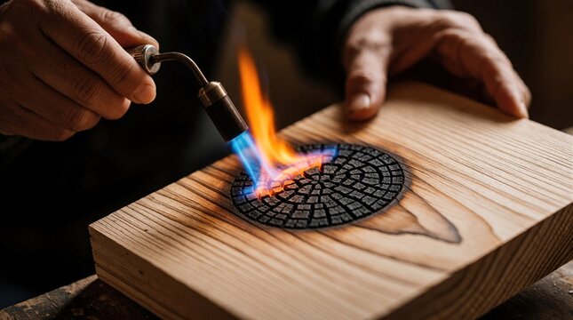 Artisan uses torch to burn pattern onto wood plank. Close-up of hands shaping timber with heat, creating detailed pyrography design. Craftsmanship in workshop.