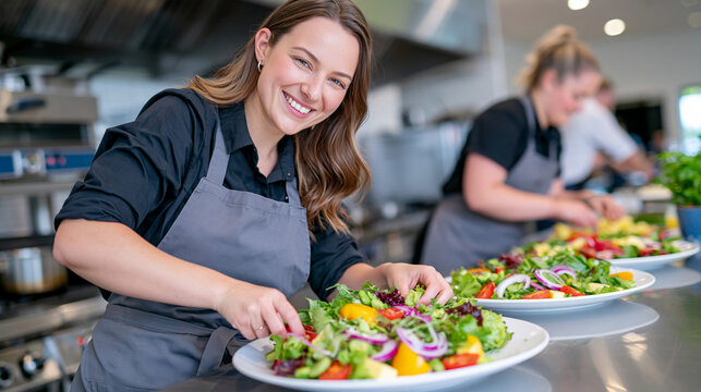 Diverse team of professional chefs collaborating in a modern restaurant kitchen, one chef preparing fresh vegetables while another arranges ingredients on stainless steel counters, busy food prepara