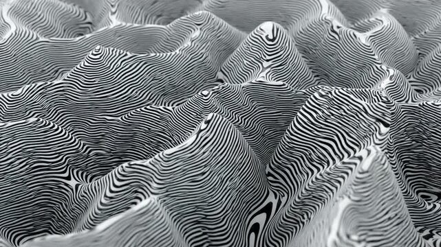 Abstract striped hills undulate in monochrome motion. Wavy terrain forms layered peaks and valleys with optical art style, creating calm yet eerie sense of depth across patterned surface.