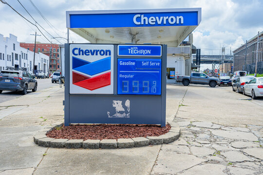 New Orleans, LA, USA - September 16, 2026: Sign for Chevron Gas Station in the Warehouse District Showing Price at $3.99 per gallon for Regular Gas