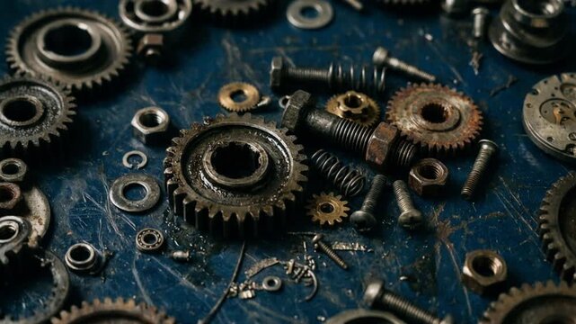 Rusty gears and screws rest on blue workbench in still life arrangement. Mechanical parts form industrial background, suggesting repair, engineering, and vintage clockwork craft with worn textures.