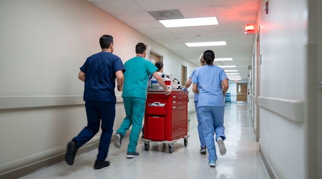 Medical Team Rushing with Crash Cart Down Hospital Corridor During Emergency Response