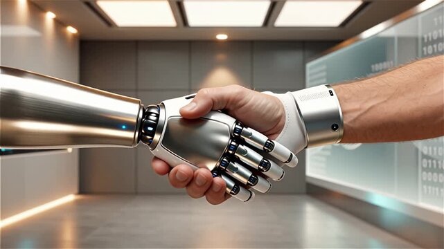 Robotic Hand Shaking Hands with Human in High-Tech Laboratory for Artificial Intelligence and Future Technology Concept.