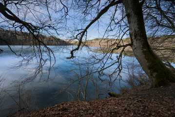Fototapeta premium Lac Pavin en Auvergne, Puy-de-Dome. Lac volcanique emblématique de la région