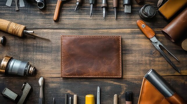 A brown, handcrafted leather wallet sits centered among various leather tools on a wooden surface, illustrating a scene of craftsmanship and leatherwork