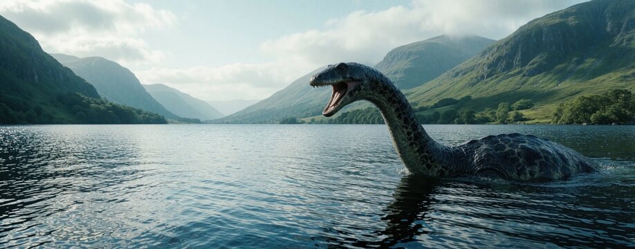 Mythical creature emerges from Scottish lake. A legendary plesiosaur-like monster surfaces in serene waters. Rich green mountains surround this cryptid habitat.