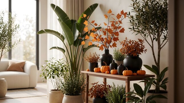 Halloween home interior with pumpkins and autumn plants