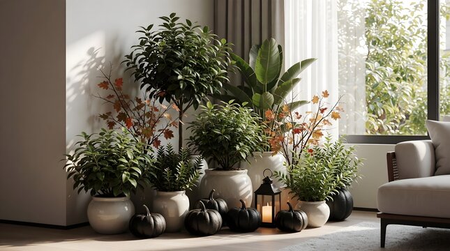 Halloween home interior with plants, flowers and pumpkins