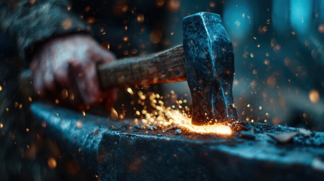 A skilled blacksmith hammers red-hot metal on an anvil, sparks flying in a beautiful display, showcasing the artistry and craftsmanship involved in traditional metalworking.