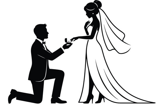 Man kneeling down to propose marriage with diamond ring to beautiful bride wearing elegant long wedding dress vector (17 words)