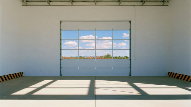 Industrial loading bay empty warehouse sectional garage door concrete floor natural light window grid
