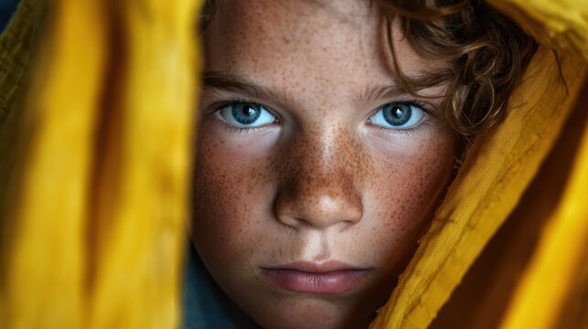 This evocative close-up portrays a young child's freckled face framed by yellow fabric, highlighting innocence, curiosity, and the beauty of youth.