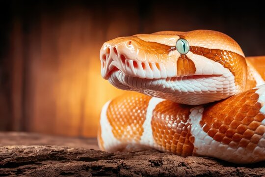 Close-up of a ball python revealing intricate patterns, unique features, scaled skin, and captivating eye, embodying natural beauty