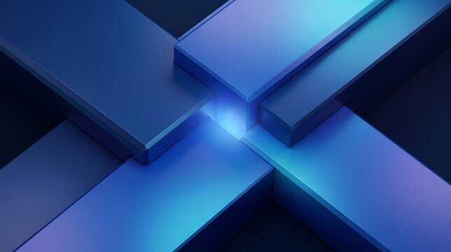 Abstract geometric composition of intersecting blue metallic planes with a vibrant glowing light at their nexus, symbolizing connection and innovation.