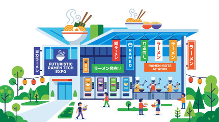 Fototapeta premium Flat Vector Illustration of Futuristic Automated Noodle Shop with Robotic Chefs Cooking Ramen