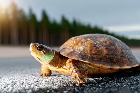 A box turtle slowly crosses the road, its patterned shell gleaming in the sunlight, while hinting at the wildlife and nature nearby