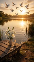 Fototapeta premium White lilies and lit candle sit on rustic table near pond at sunset. White doves fly in sky above water. Scene conveys peace remembrance hope and spirituality.