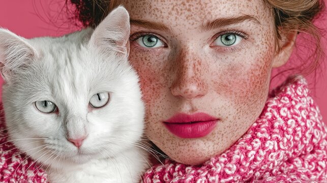 This enchanting close-up portrait highlights a woman with freckles and her white cat, capturing the bond between humans and animals in a vibrant and artistic manner.