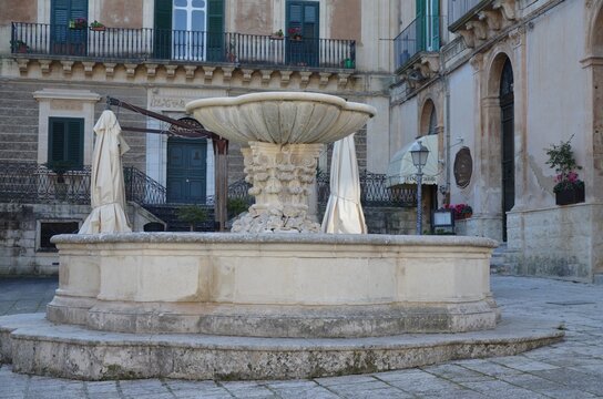 Piazza Duomo Fountain, located along the distinctive sloping square in the heart of Ragusa Ibla.