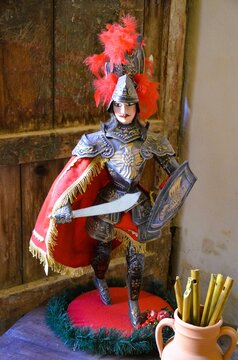 Ragusa Ibla, Sicily 01.03.2020: Sicilian puppet displayed inside an artisan workshop in Ragusa Ibla.