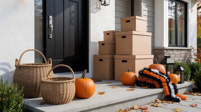 Halloween home entrance with boxes, pumpkins and autumn decor