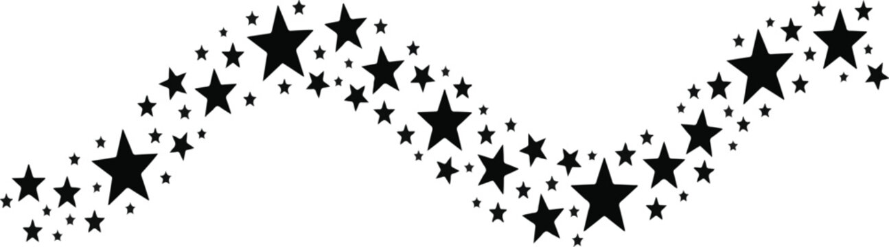 Wavy trail of black stars arranged along sinusoidal curve for decorative design, abstract rhythm, balance, and graphic illustration concept