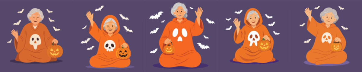 Fototapeta premium Vector illustration of a grandma with orange ghost costume sitting on floor at Halloween