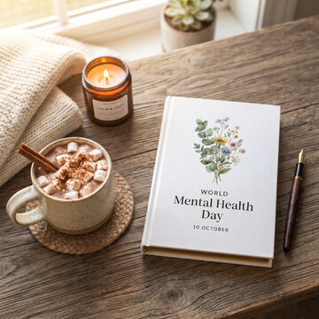 World Mental Health Day Self Care Concept with Warm Hot Chocolate and Floral Journal