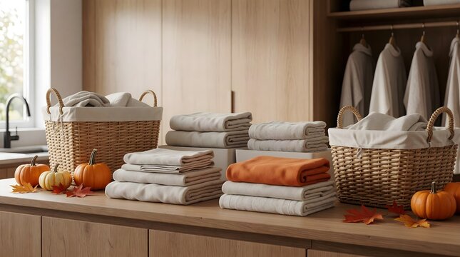 Halloween home interior with folded towels and pumpkins