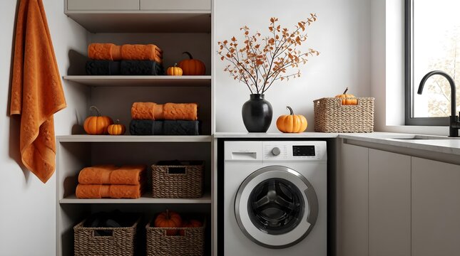 Halloween laundry room with pumpkins and autumn decorations