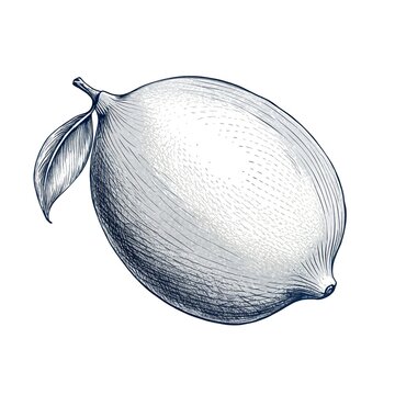Detailed hand drawn monochrome lemon fruit sketch with leaf suitable for vintage botanical prints food branding packaging labels and organic culinary illustrations.