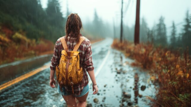 This captivating image shows a hiker braving a rainy forest path, representing adventure, resilience, and the beauty of nature during challenging weather conditions.